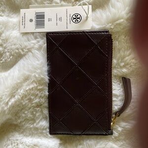 Tory Burch Fleming Says ft Zip Card Case- color Albarossa (burgundy)